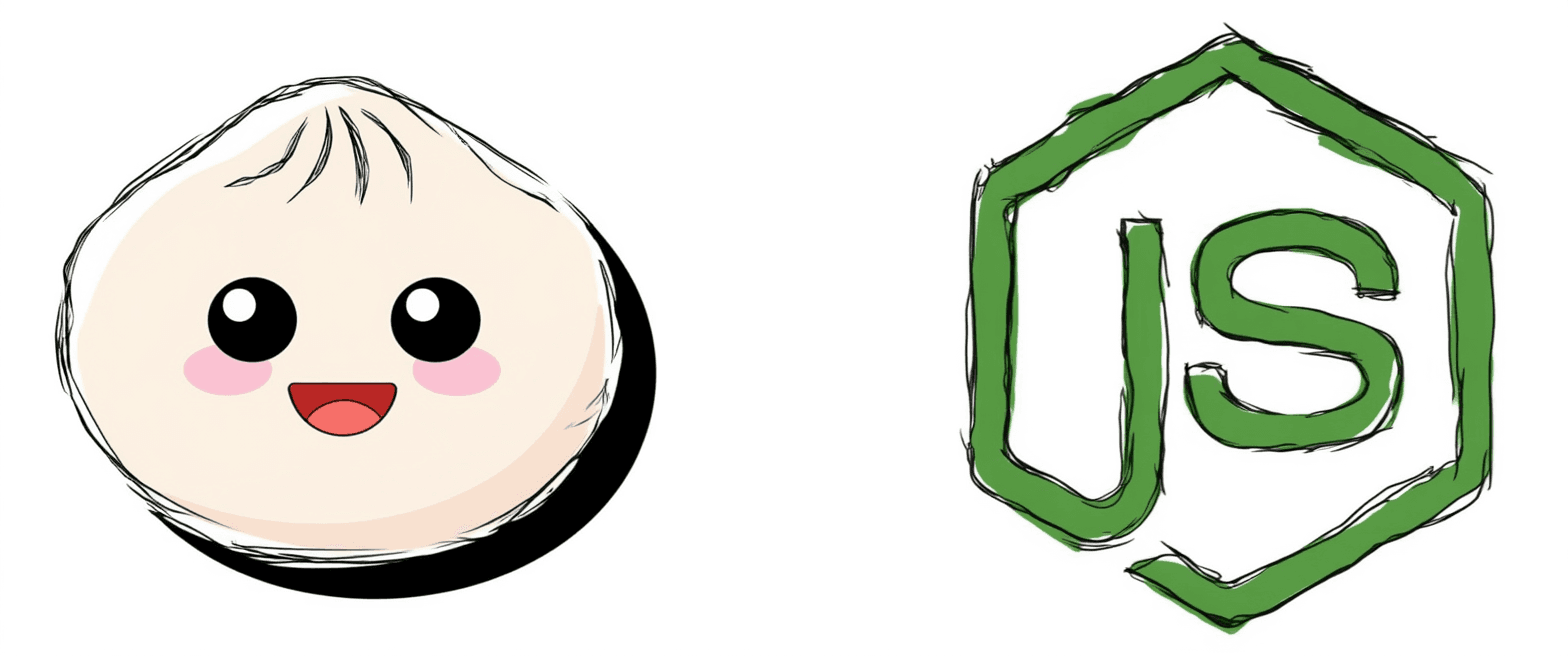 Bun's cheerful dumpling mascot on the left, Node.js's angular dark-green wordmark on the right, with a comic-book VS burst between them
