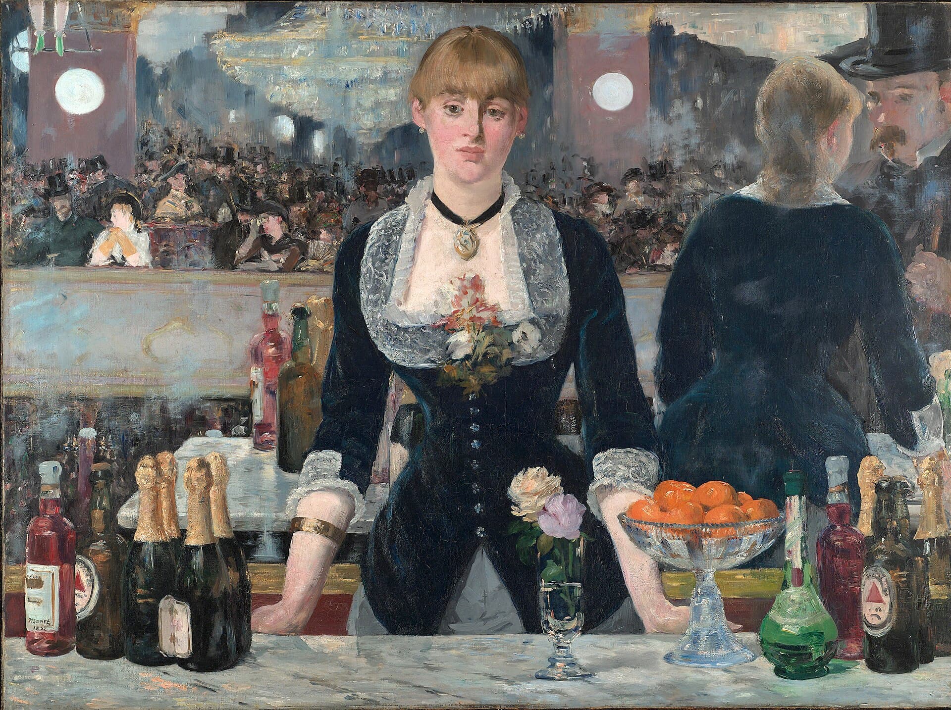 A barmaid stands behind a marble counter of bottles and fruit, the crowded hall reflected in the mirror behind her.