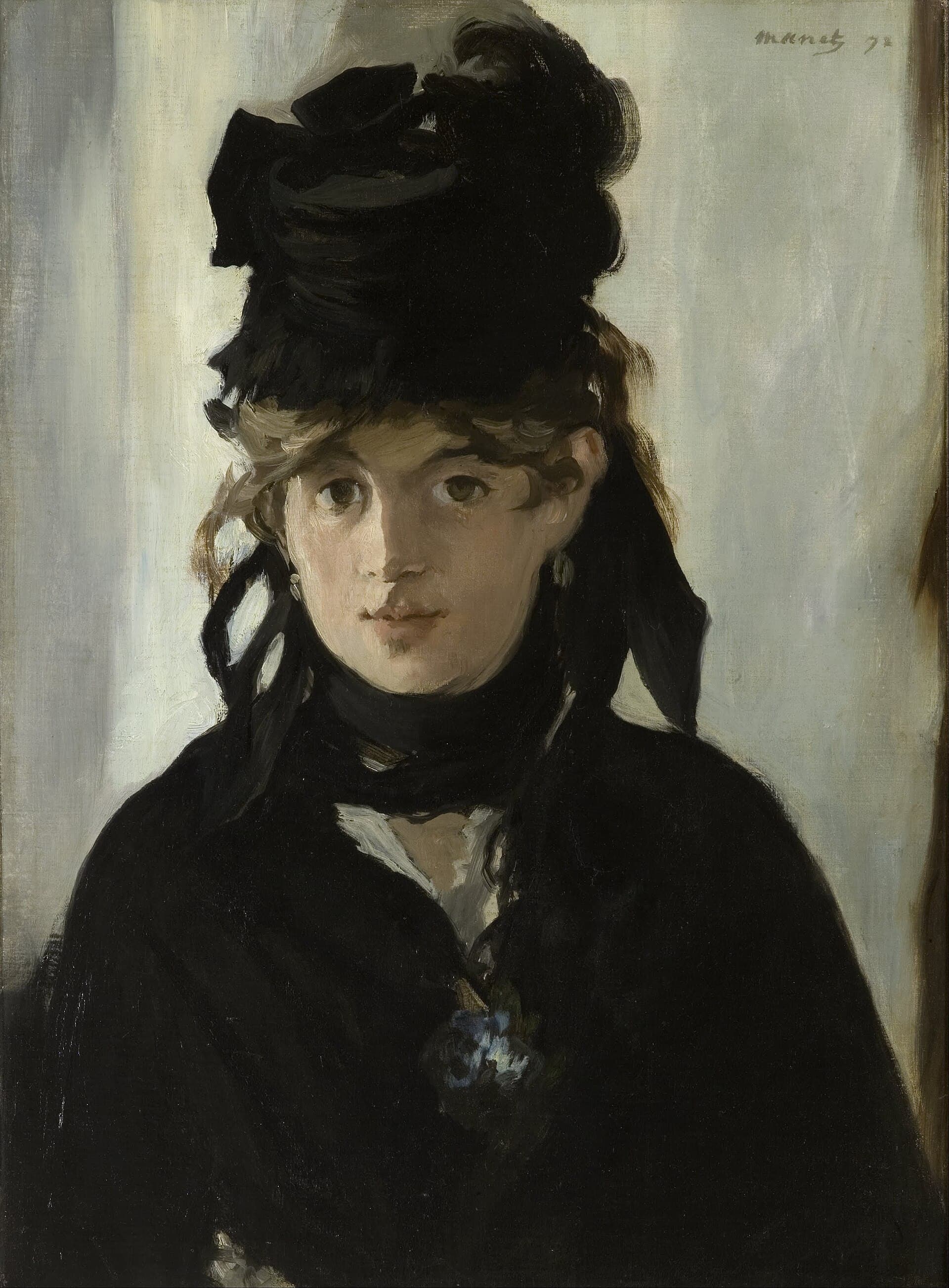 A dark-eyed woman in black with a bouquet of violets, painted in rapid, near-monochrome strokes.