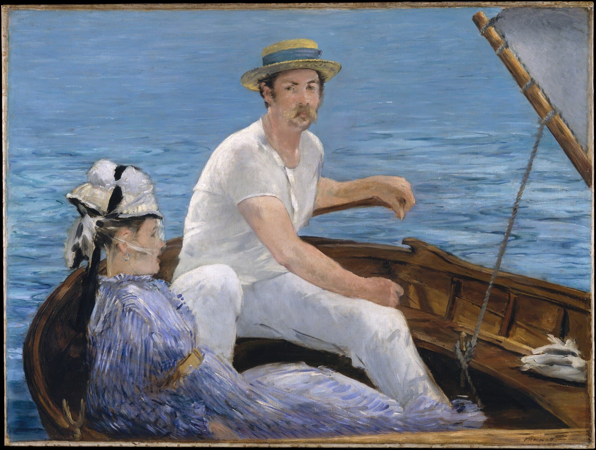 A man in a straw boater leans on the tiller of a sailboat, a woman reclining beside him, against flat blue water.