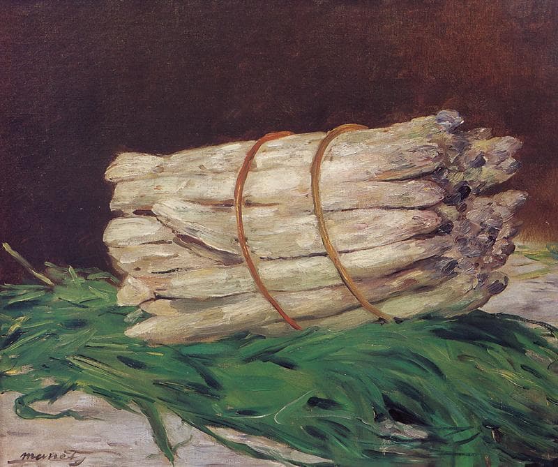 A loose bundle of asparagus spears tied with string lies on a marble surface against a plain background.