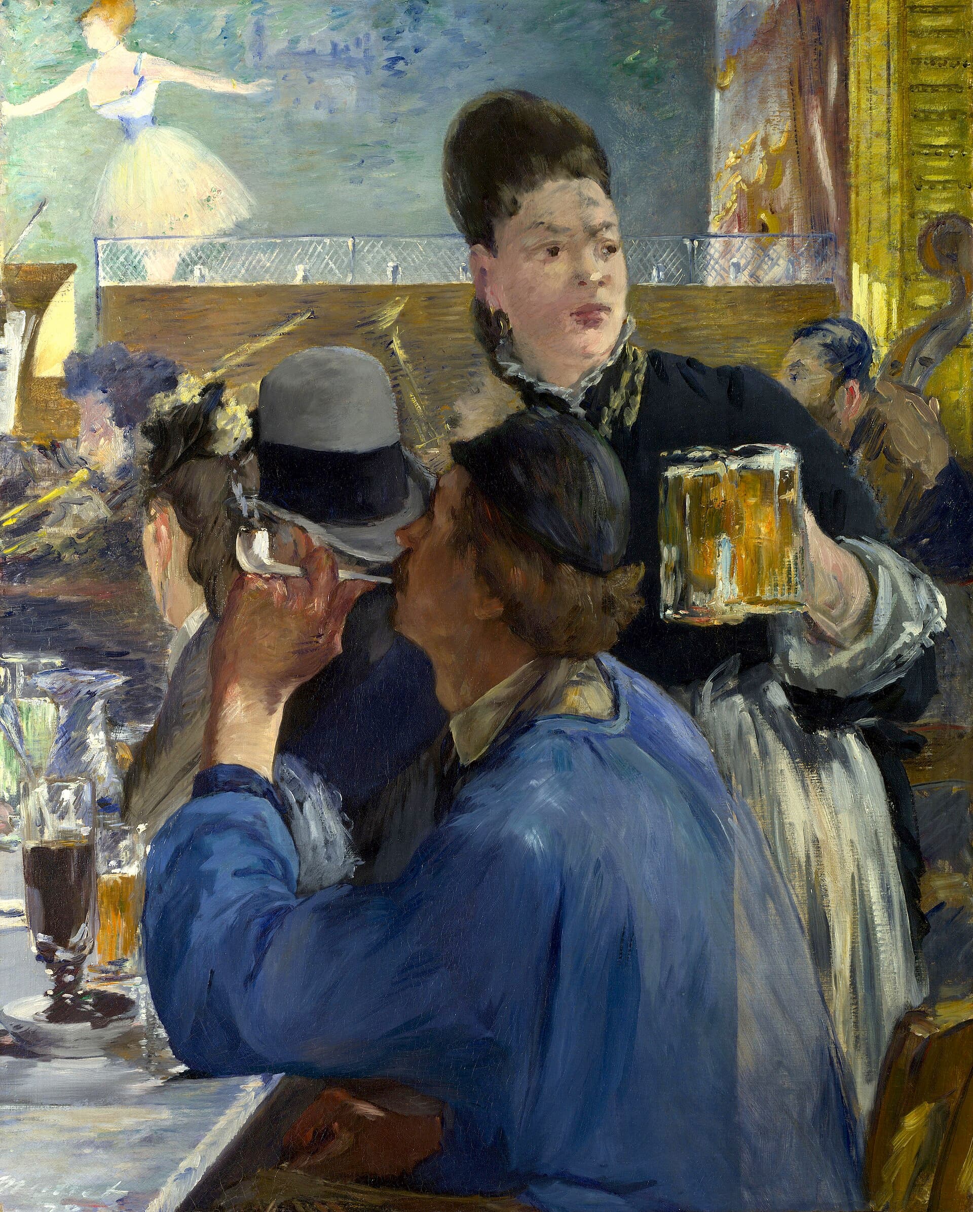 Two women and a man sit at a café-concert table, a barmaid and glowing stage visible in the smoky background.
