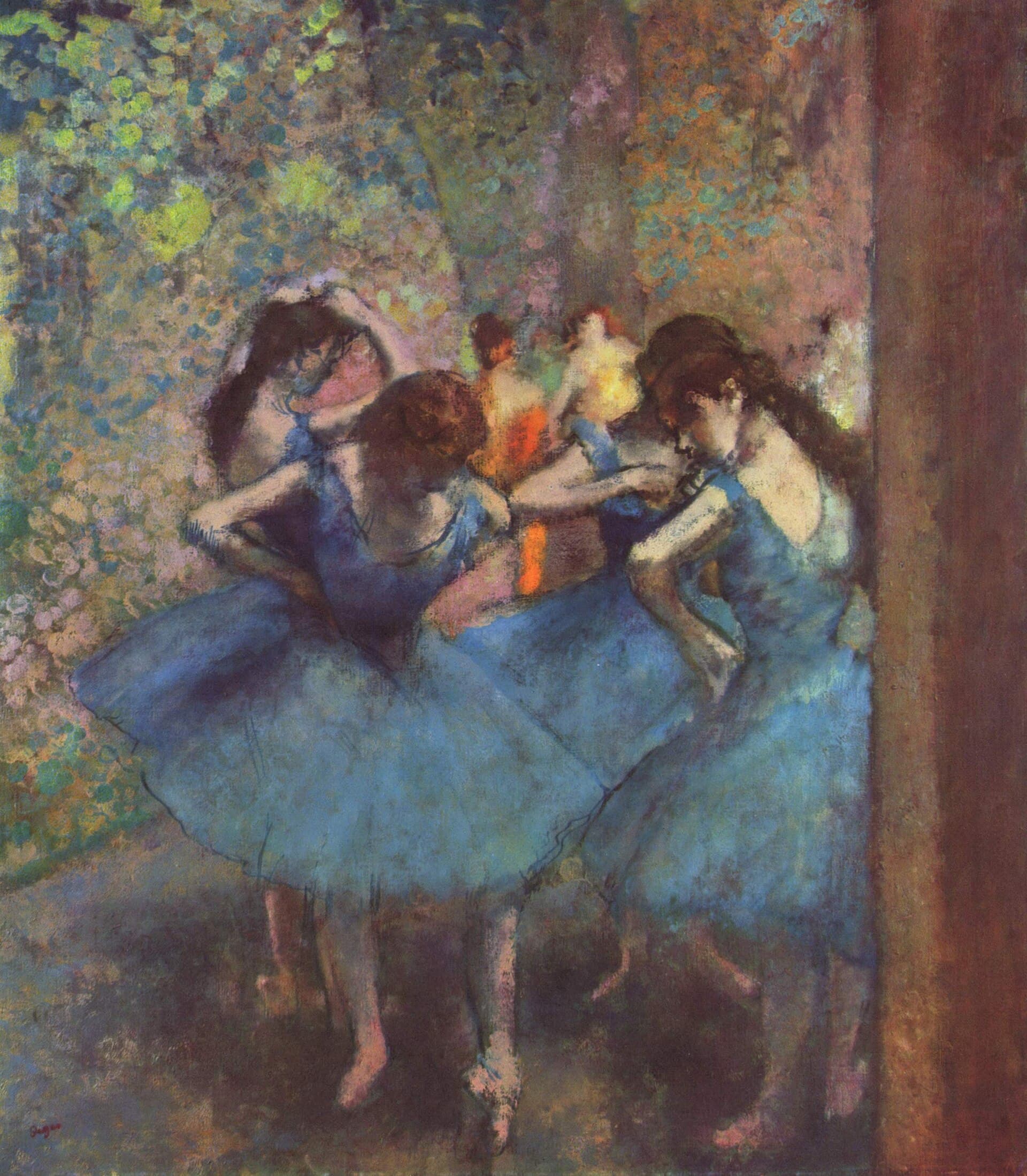 Four ballerinas in blue tutus adjust their shoulder straps in a close, cropped composition that dissolves at the edges into pure colour.