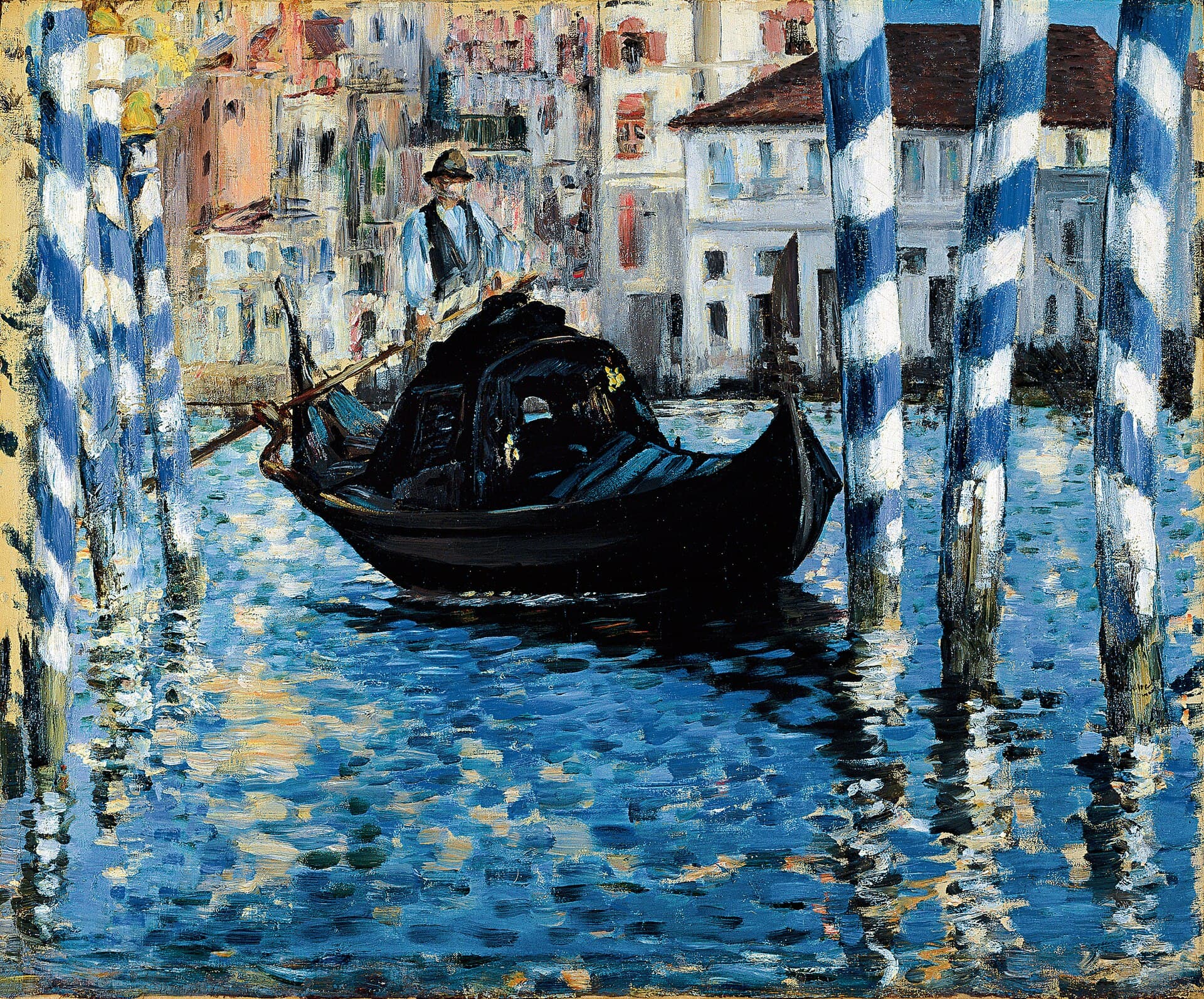 The Grand Canal shimmers in sunlight with striped mooring poles and a gondola seen from the waterside.