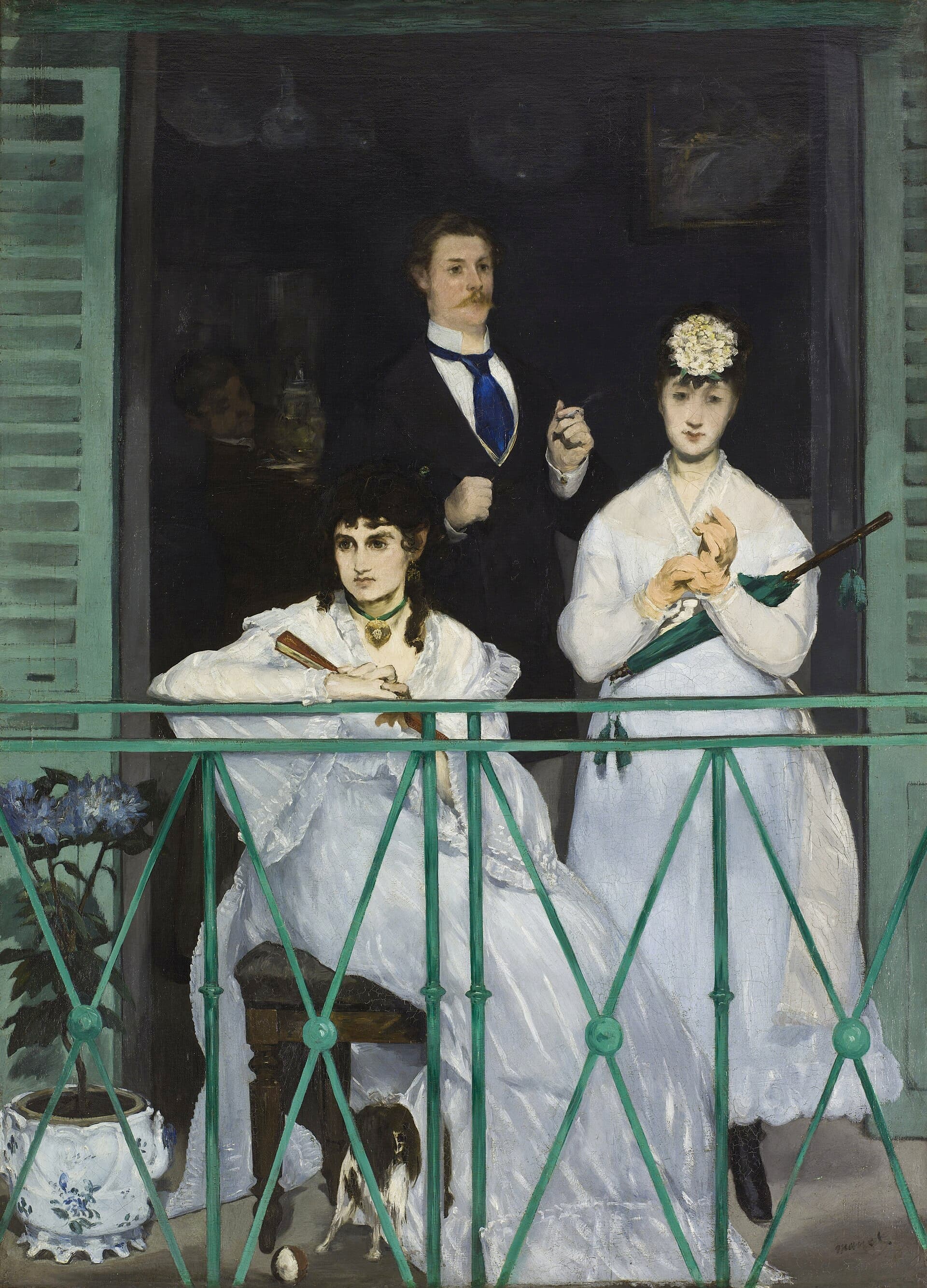 Three figures on a green-railinged balcony, Berthe Morisot seated in front, a dim interior behind them.