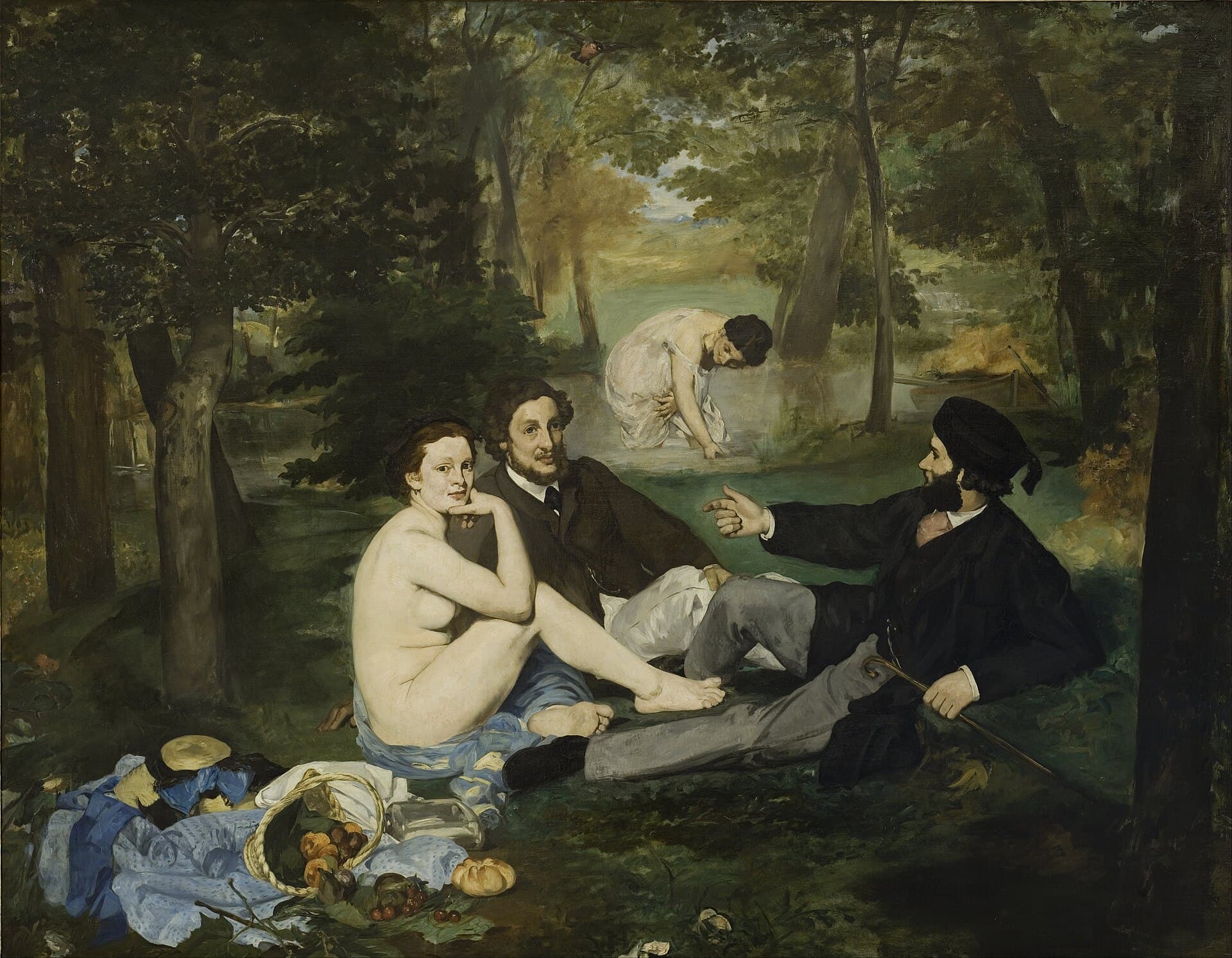 A nude woman picnicking with two clothed men in a wooded clearing, a bather behind them.