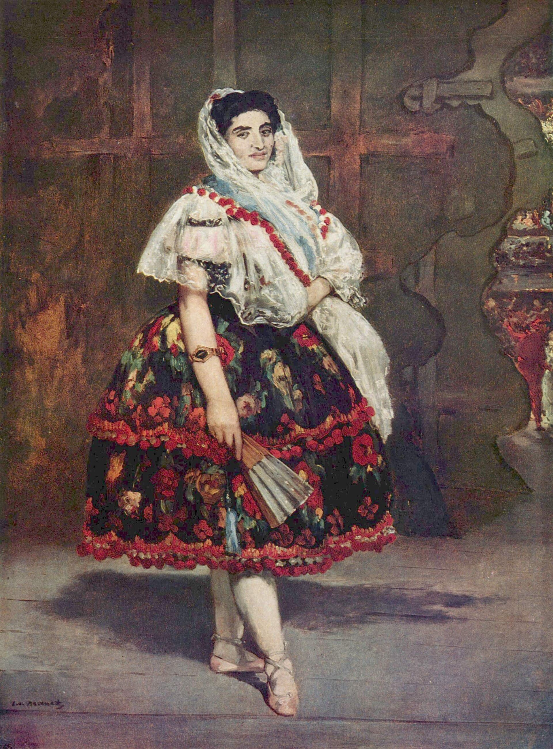 A Spanish dancer in a black-and-pink bolero costume stands poised in the wings before her stage entrance.