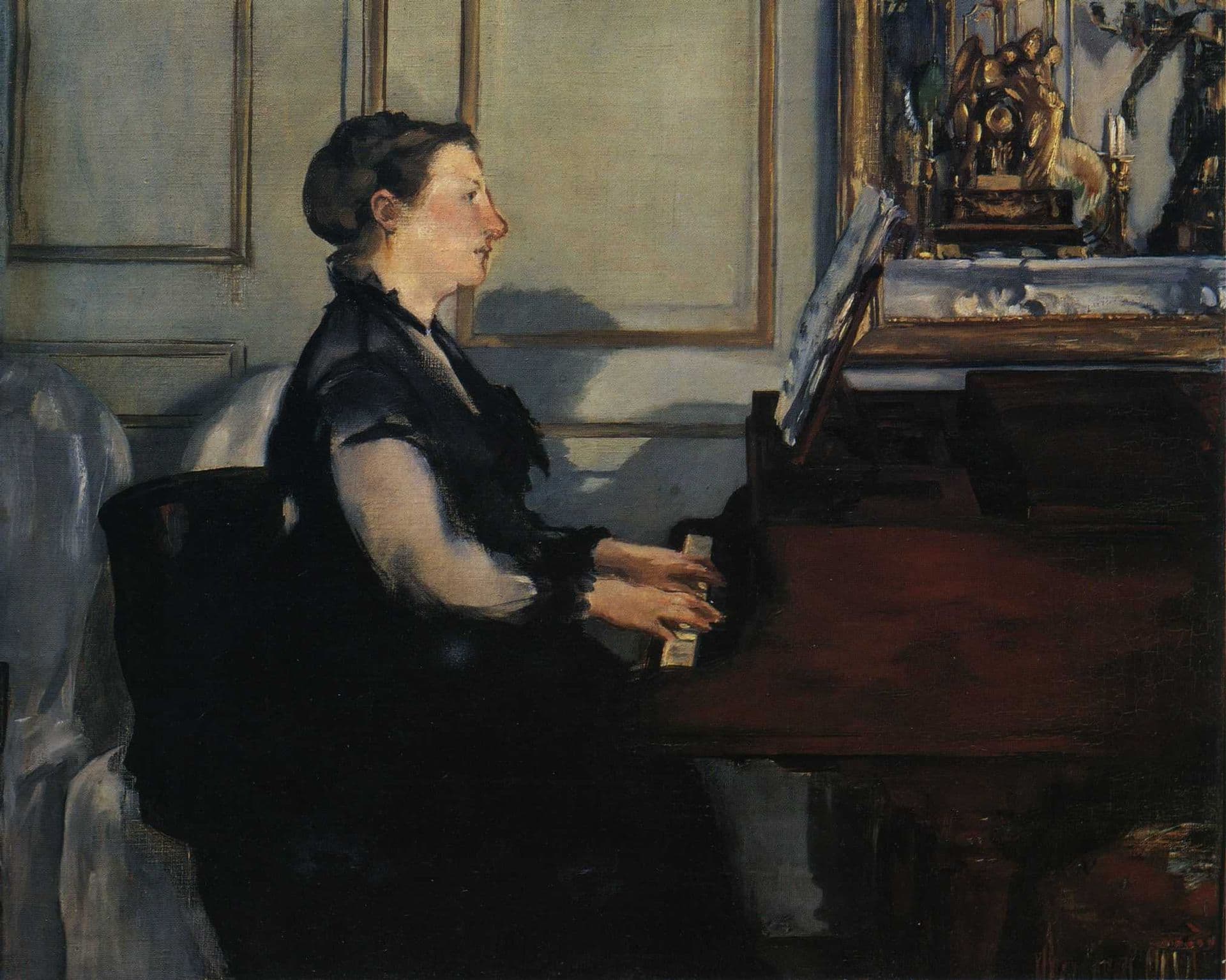 Suzanne Manet playing an upright piano in profile, a gilt clock on the mantel behind her.