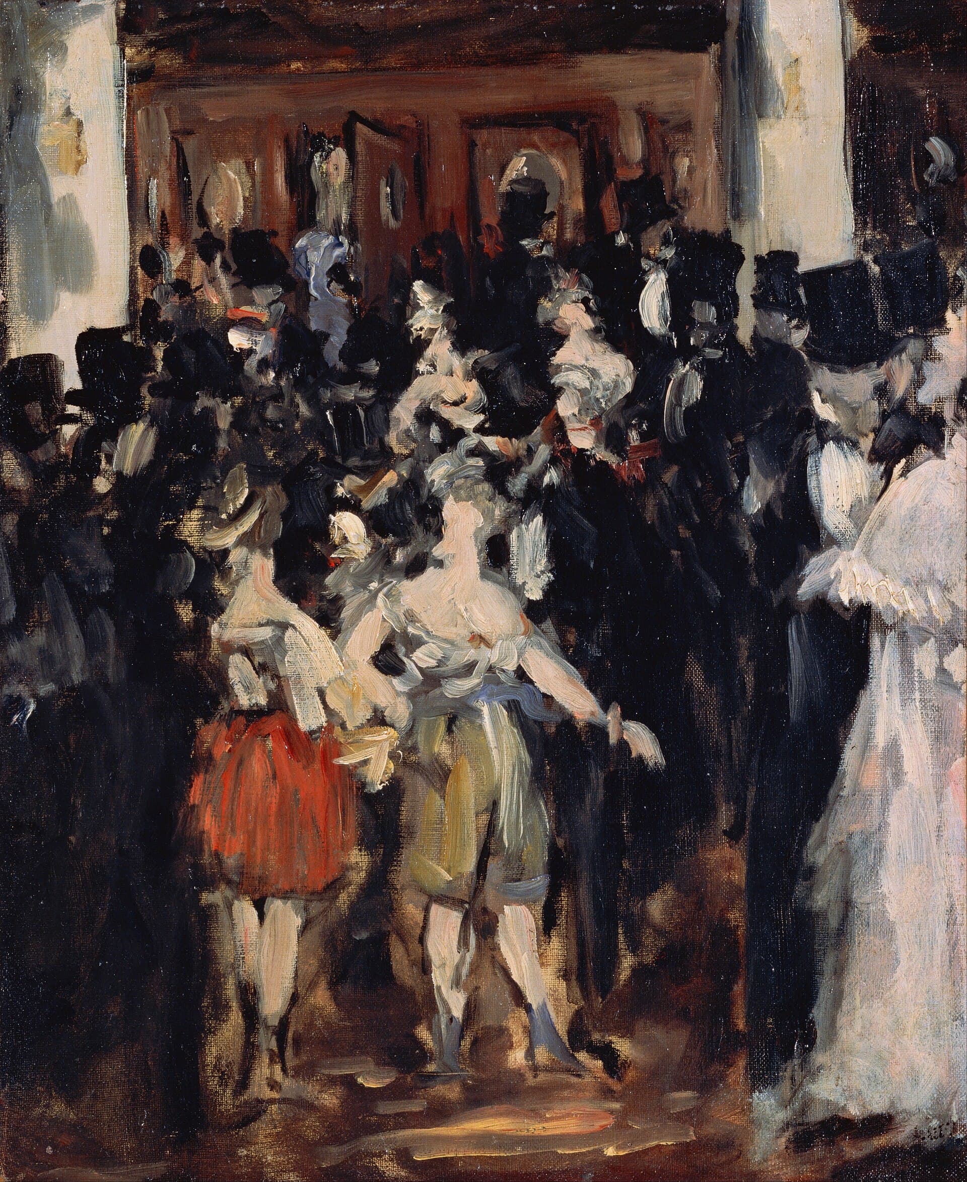 A packed crowd of men in black tailcoats and masked women in costumes fills the floor of the Paris Opéra.