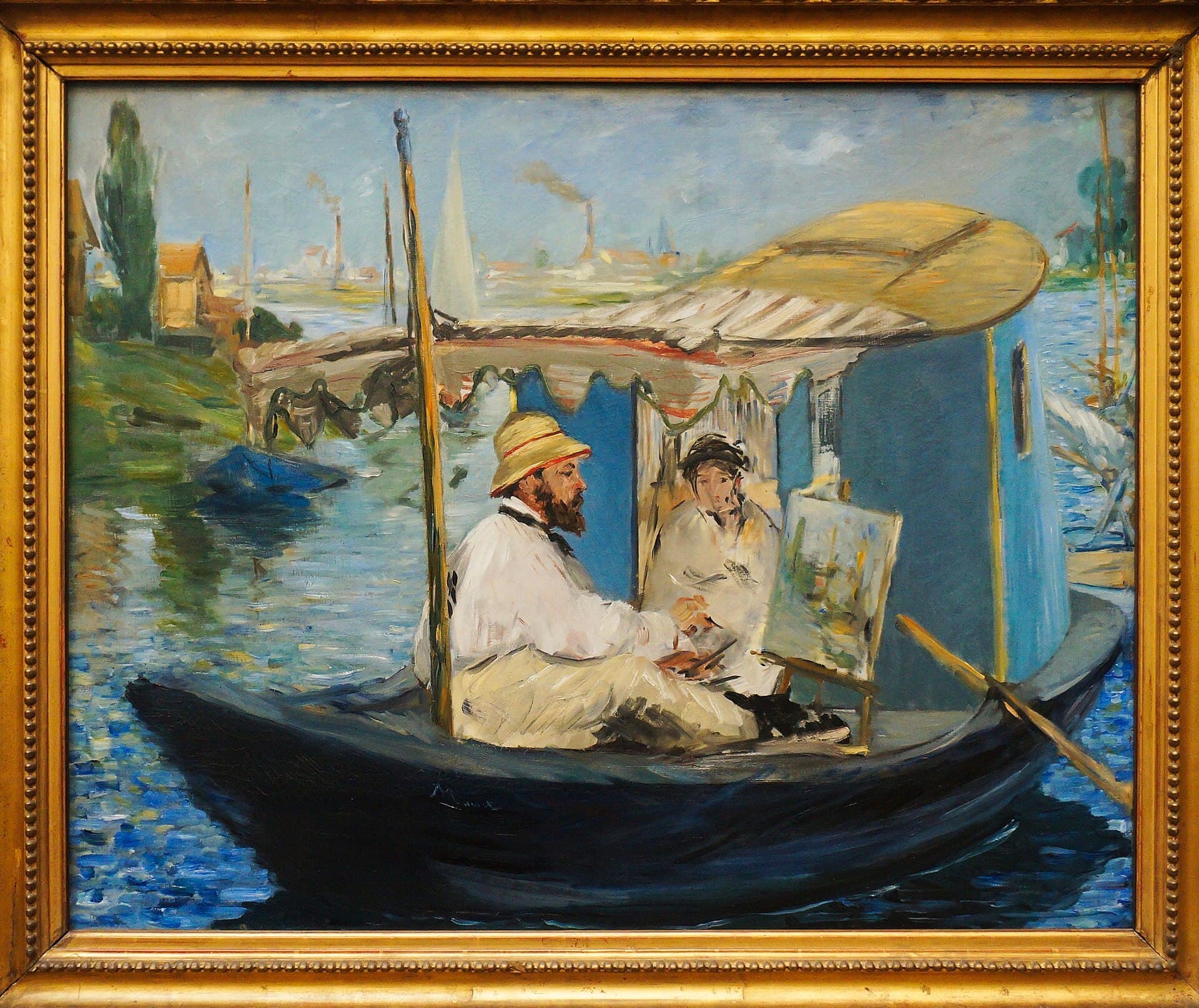 Claude Monet sits at his easel on a small canopied boat moored on the river, Camille behind him in the shade.