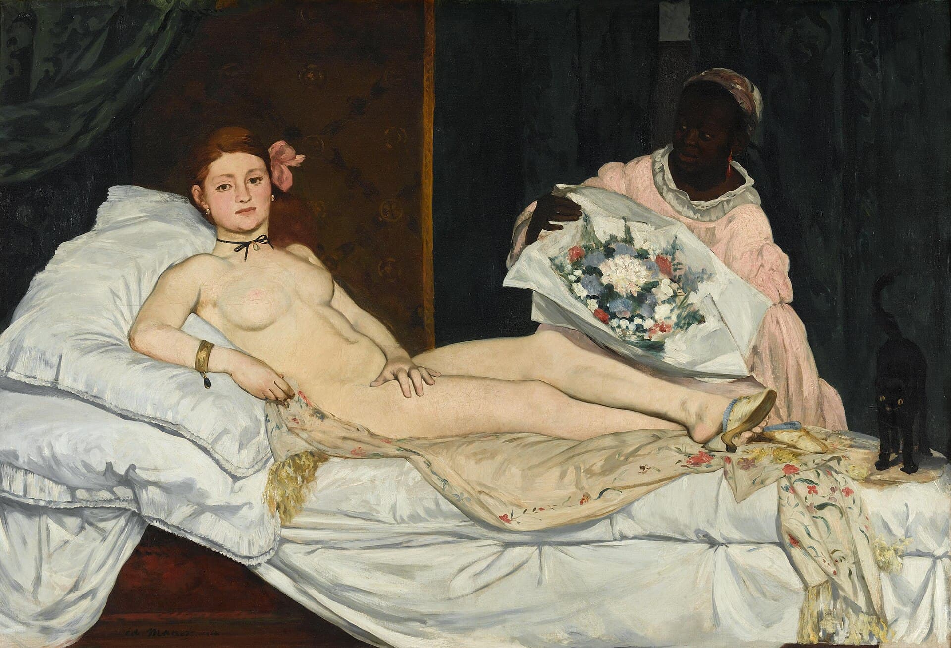 A reclining nude woman on a bed gazing directly at the viewer, a servant behind her holding a bouquet.