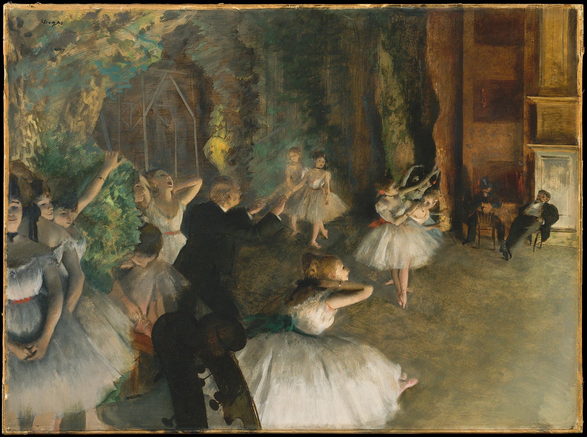 Dancers rehearse on a stage set during daylight, the wings populated by watching figures, the whole scene rendered in chalky pastel light.