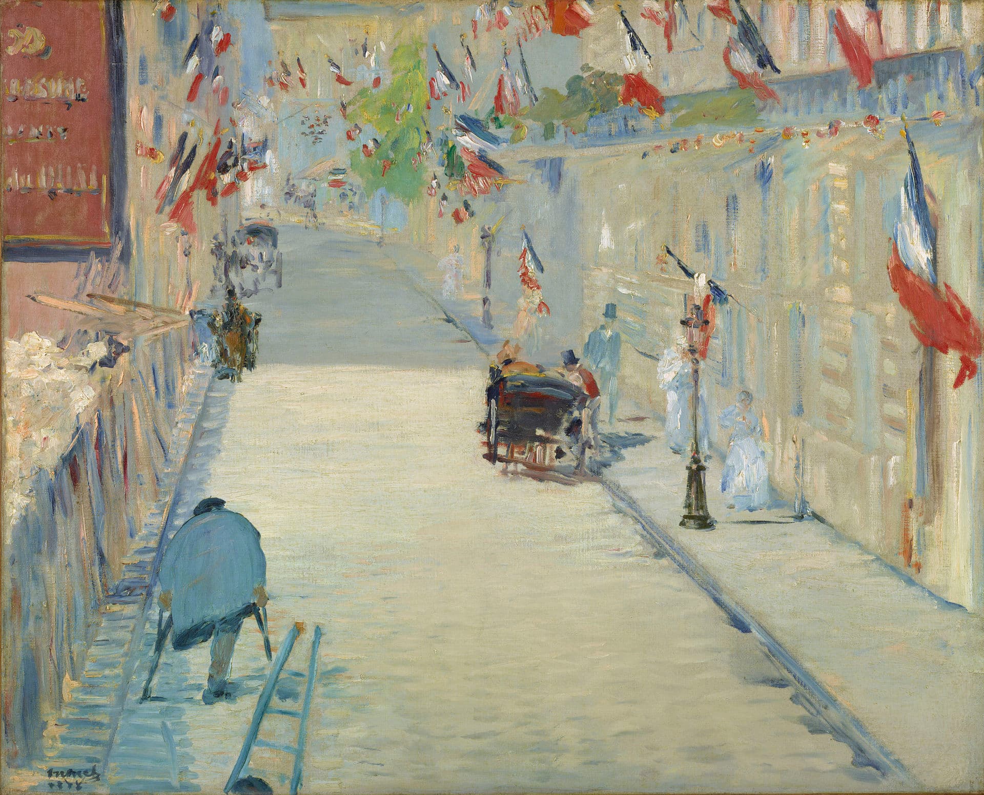 A Parisian street festooned with tricolour flags seen from above, a one-legged man on crutches in the foreground.