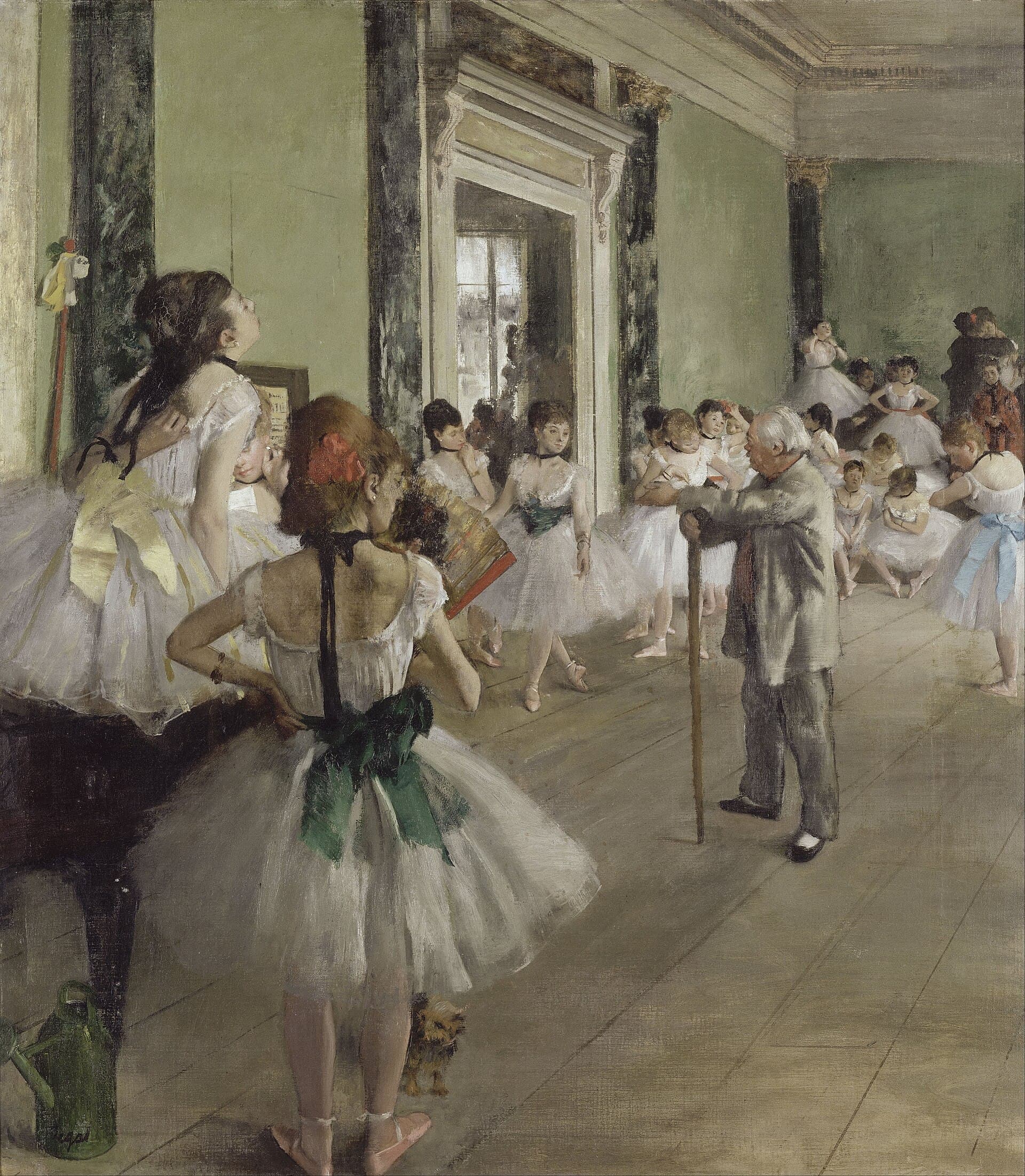 Dozens of dancers rehearse in a mirrored studio under the watch of ballet master Jules Perrot, who stands at centre with his cane.