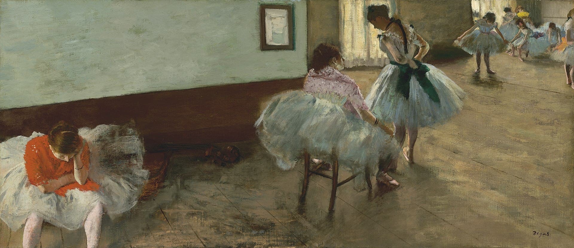 A row of ballerinas in white tutus practise at the barre in a high-ceilinged studio, a teacher at left correcting their form.