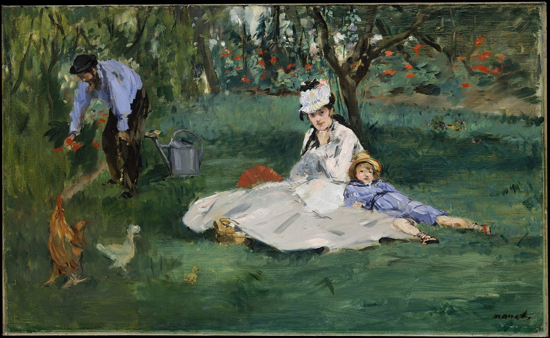 Claude Monet tends his garden while Camille and their son sit among chickens in the flower-filled yard at Argenteuil.