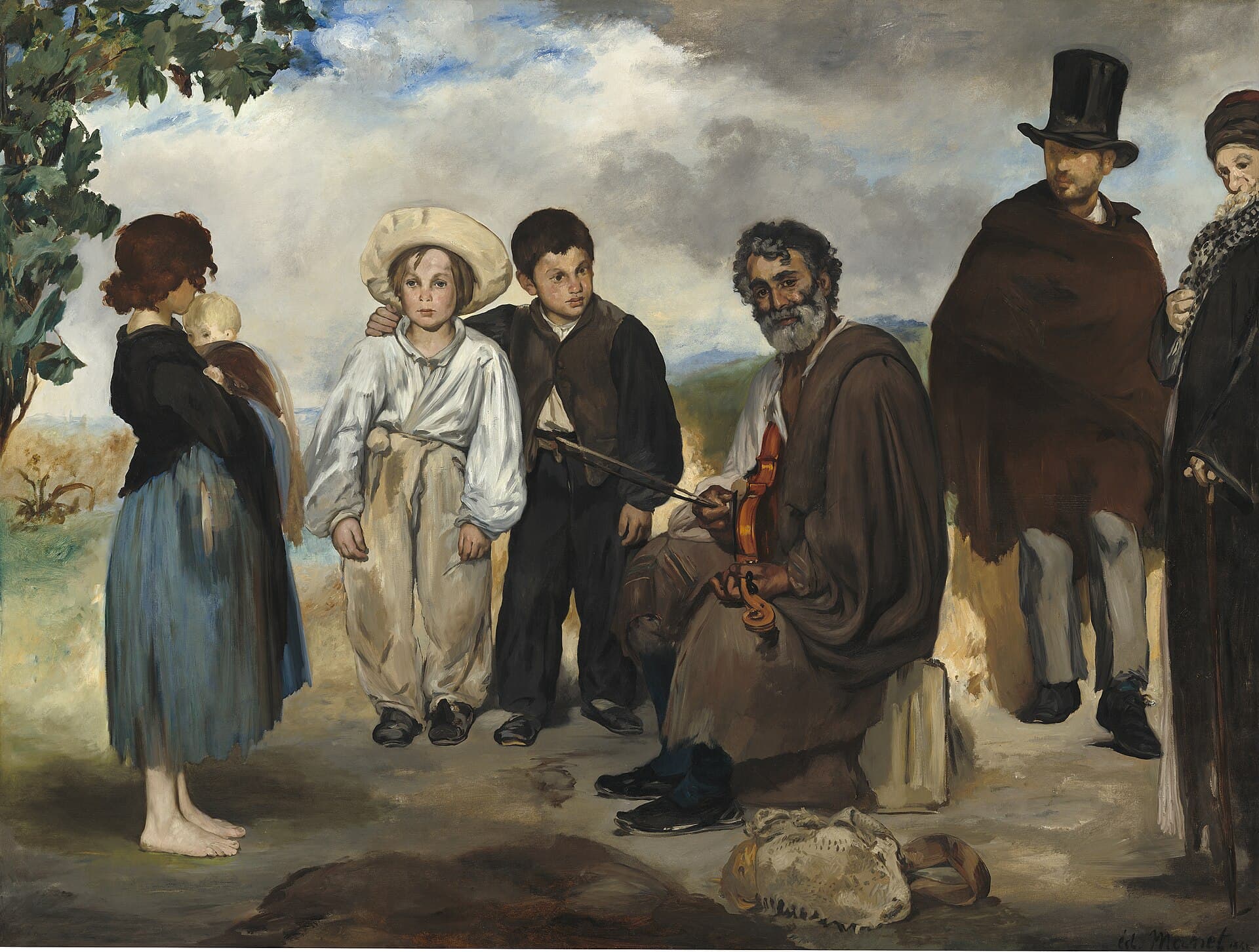 An old violinist stands at the centre of a group of vagrant figures assembled in a bare landscape outside Paris.