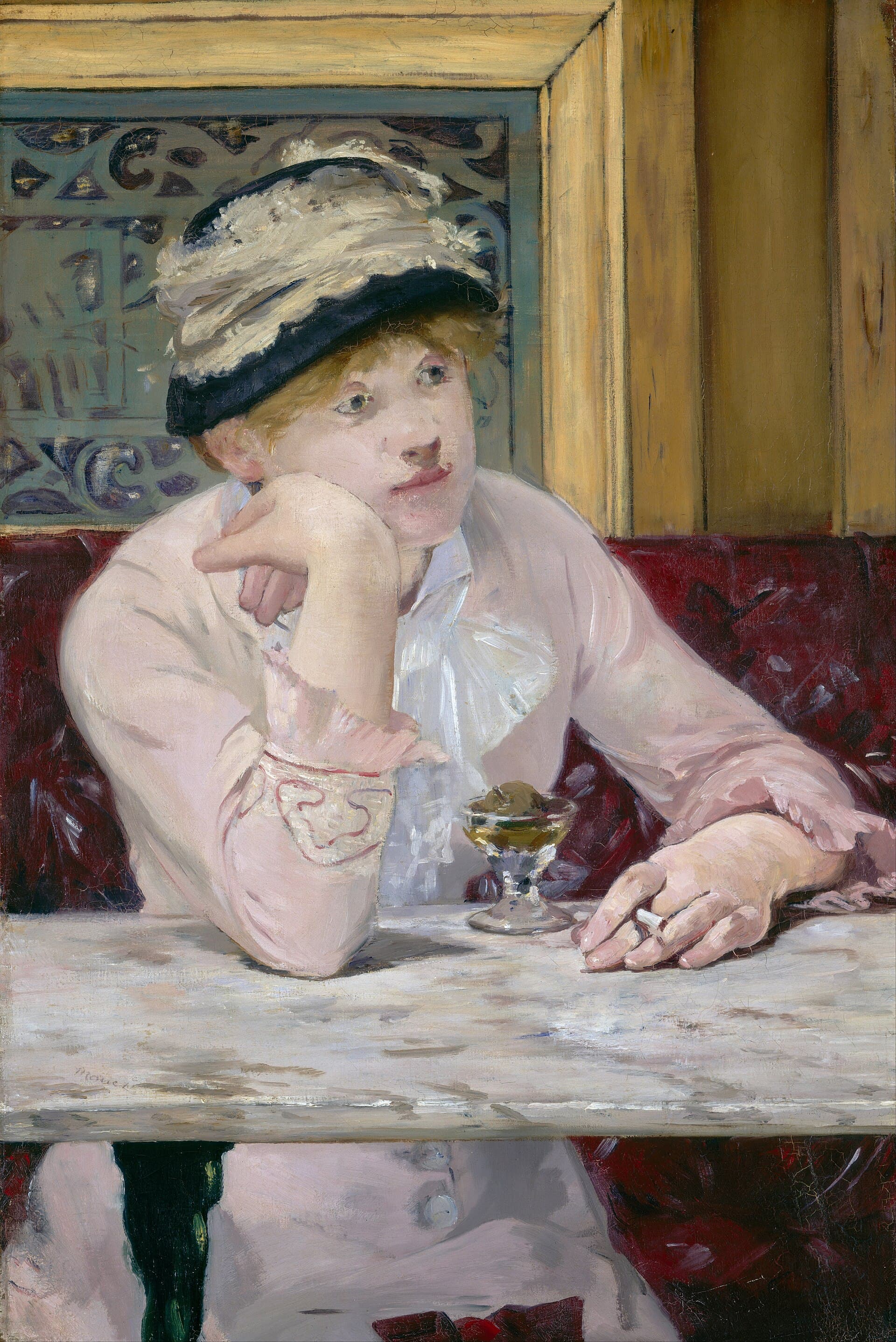 A woman alone at a café table with an unlit cigarette and a brandied plum, chin resting on her hand.