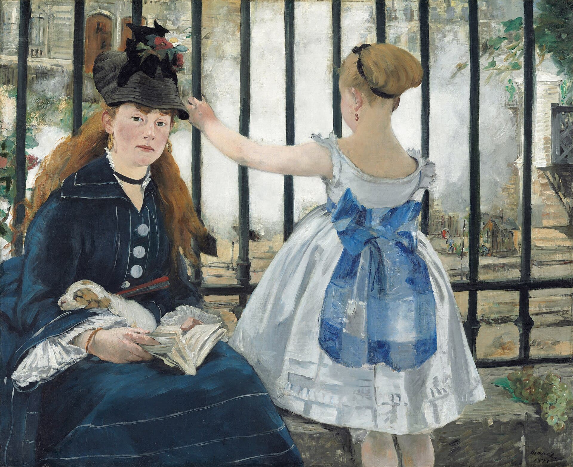 A seated woman with a book and a puppy looks up; a girl beside her watches a train’s steam through iron railings.