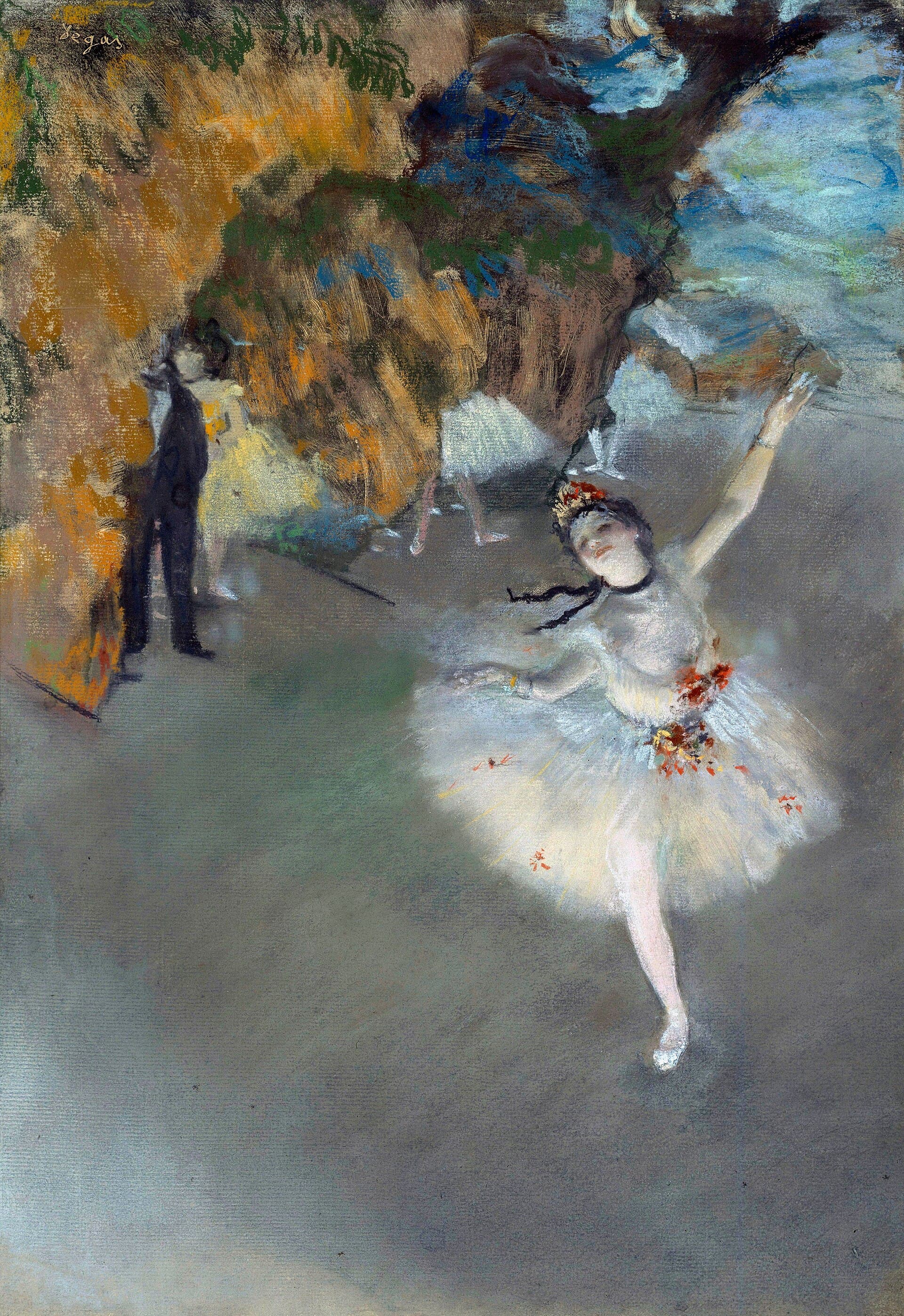 A lone ballerina in a white tutu takes a bow at centre stage, seen from above as if from a theatre box, the wings dark behind her.
