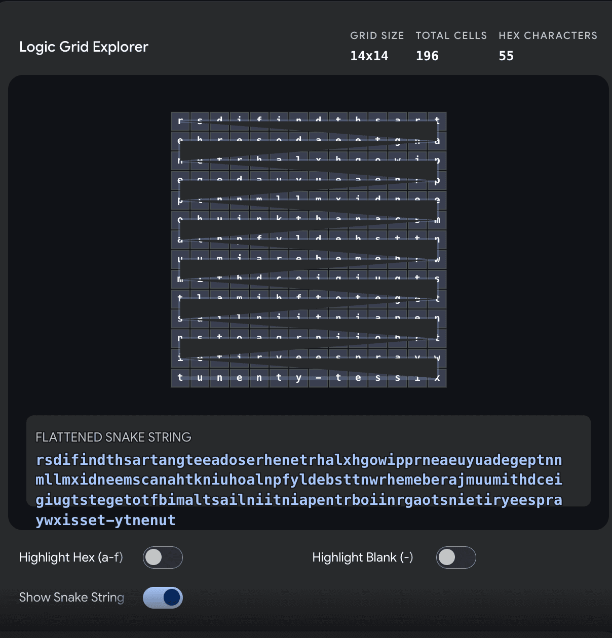Logic Grid Explorer — the 14×14 Jane Street matrix flattened into a snake string