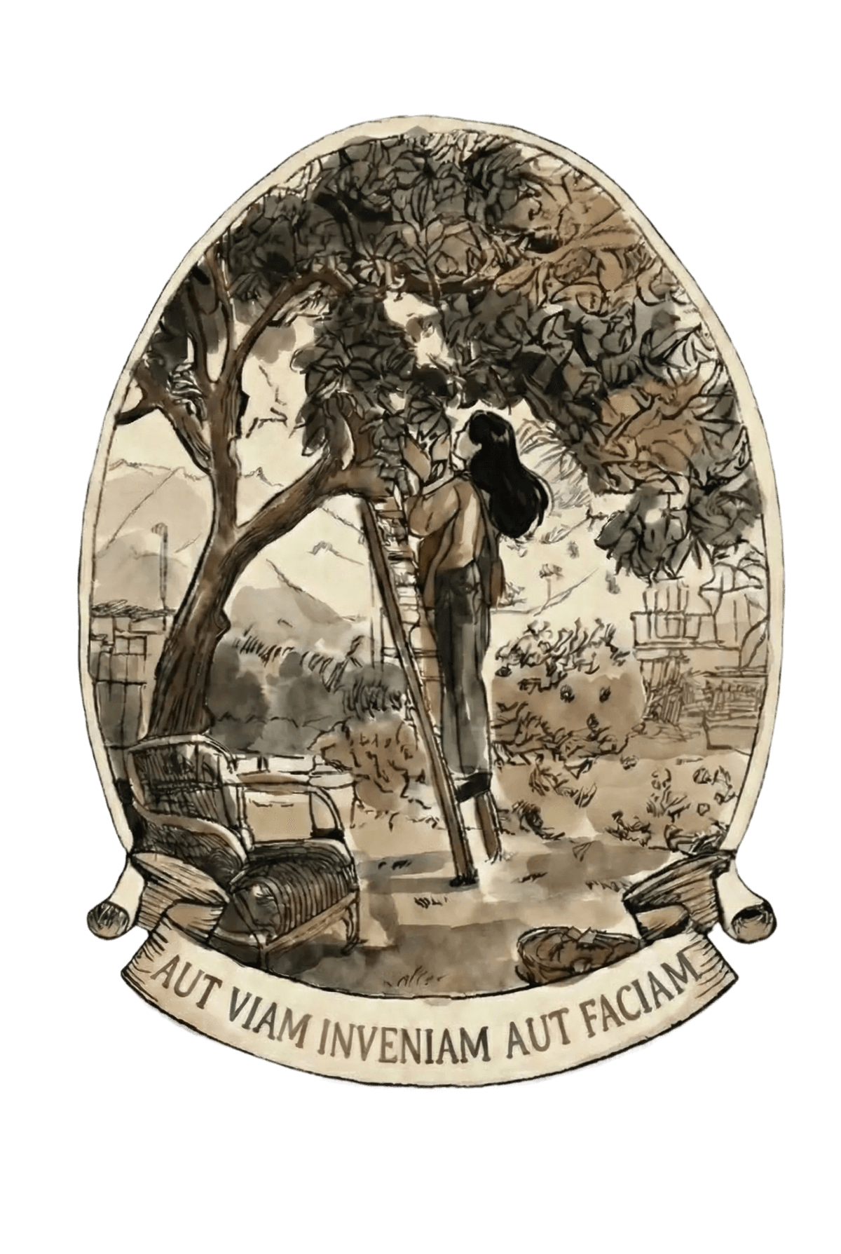 SL World — an oval illustration of a garden scene with a tree, a person on a ladder, a wicker chair, and a basket of fruit